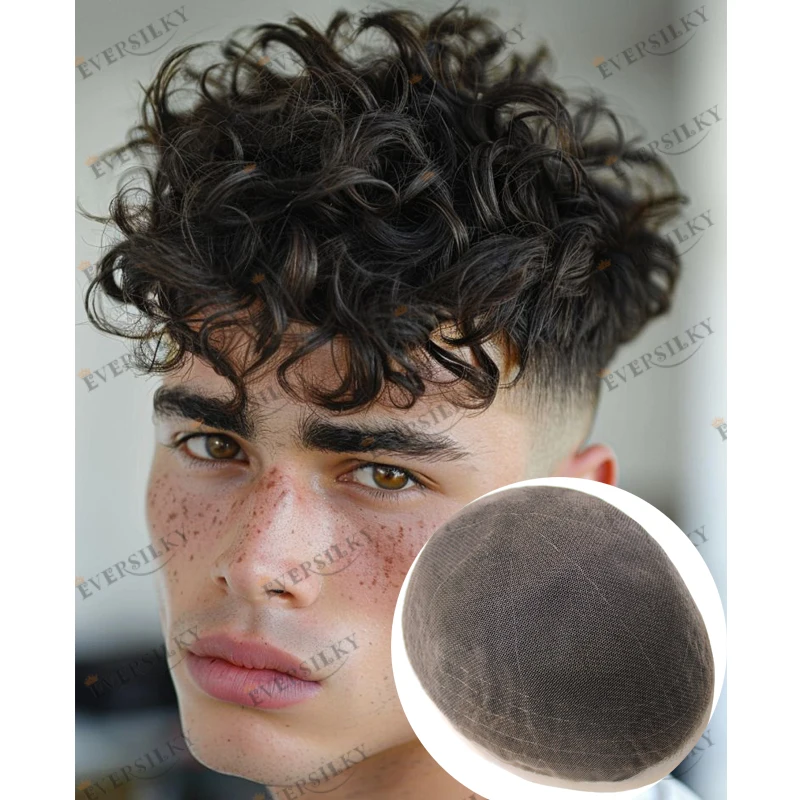 European Men Natural Hairline Full Swiss Lace Breathable Human Hair 24mm Curly Men's Toupee Durable #210 Grey Brown Hair System