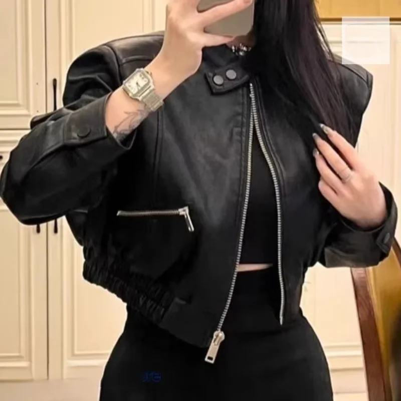 French style short motorcycle suit jacket jacket women's autumn and winter fashion handsome small high waist leather coat