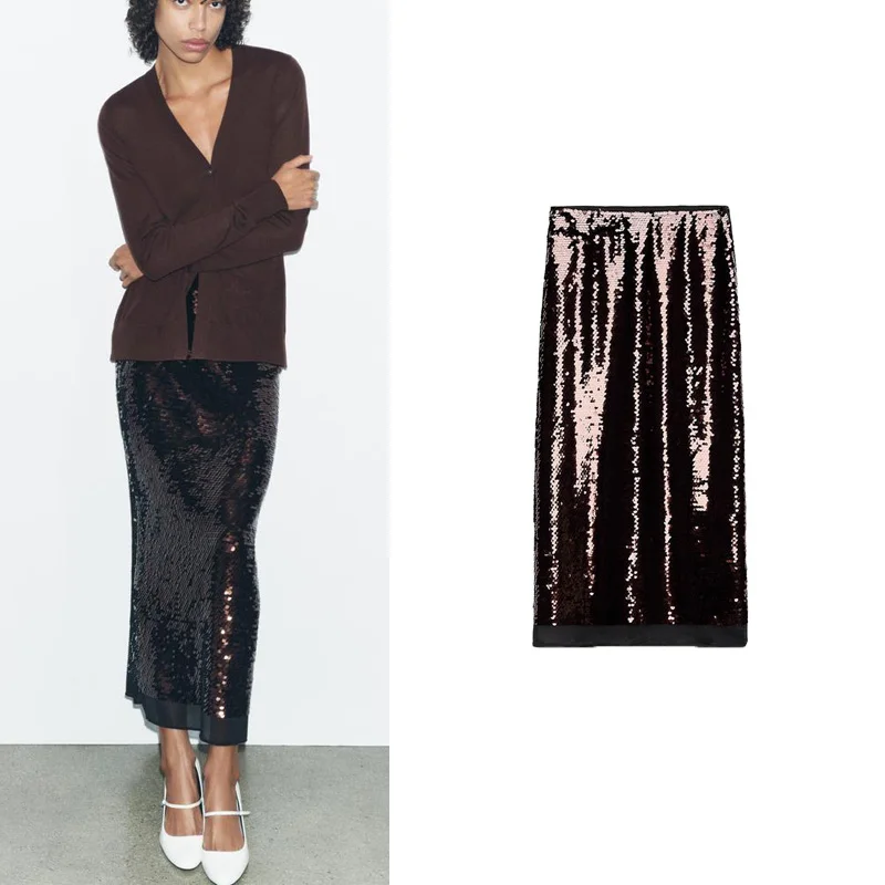 خريف شتاء جديد وصول المرأة الأساسية الترتر عالية الخصر عادية فضفاض ميدي تنورة الحلو Sle ألياف البوليستر 00%