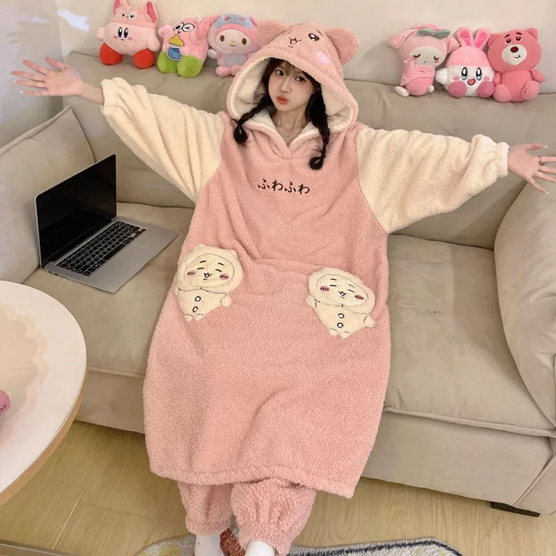 Cute Chiikawa Hooded Nightgown Women Coral Fleece Long Sleep Dress Loungewear 3D Cartoon Pocket Warm Winter Pajamas Gift