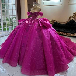 Rose Red Shiny Off The Shoulder Crystal Beading Ball Gown Quinceanera Dresses Appliques Lace Beads Bow Tull Ribbons Corset Vesti