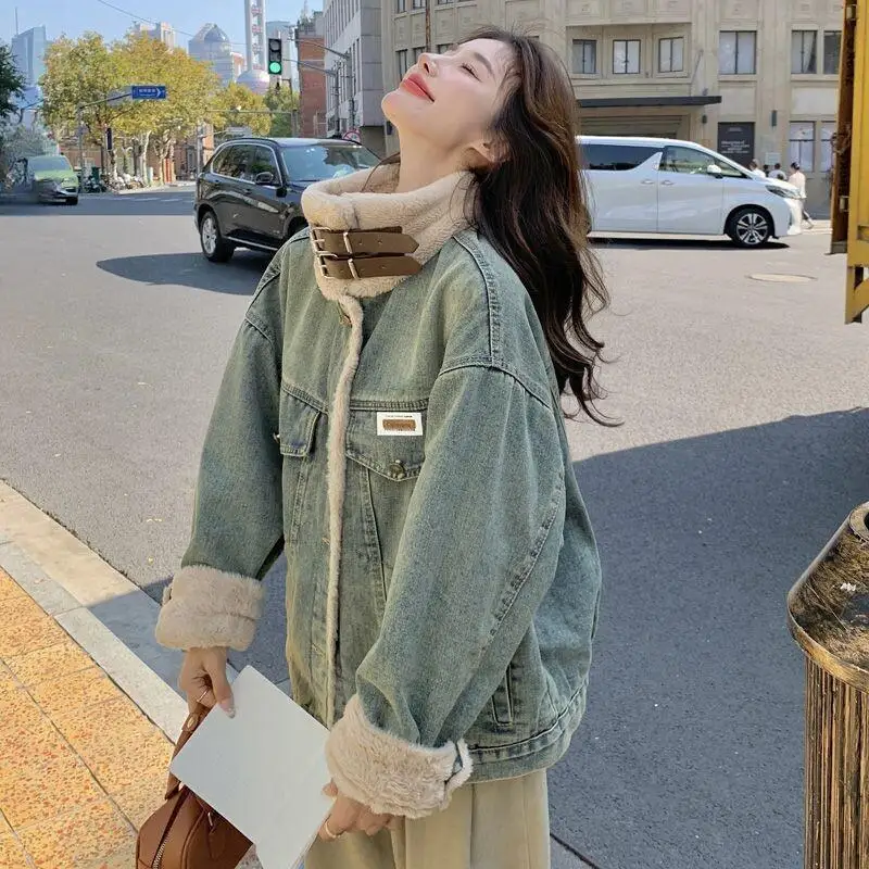 Abrigo de vaquero americano para mujer, Parka gruesa con forro polar de invierno, Chaqueta de algodón holgada, prendas de vestir exteriores, abrigos cálidos informales, 2025