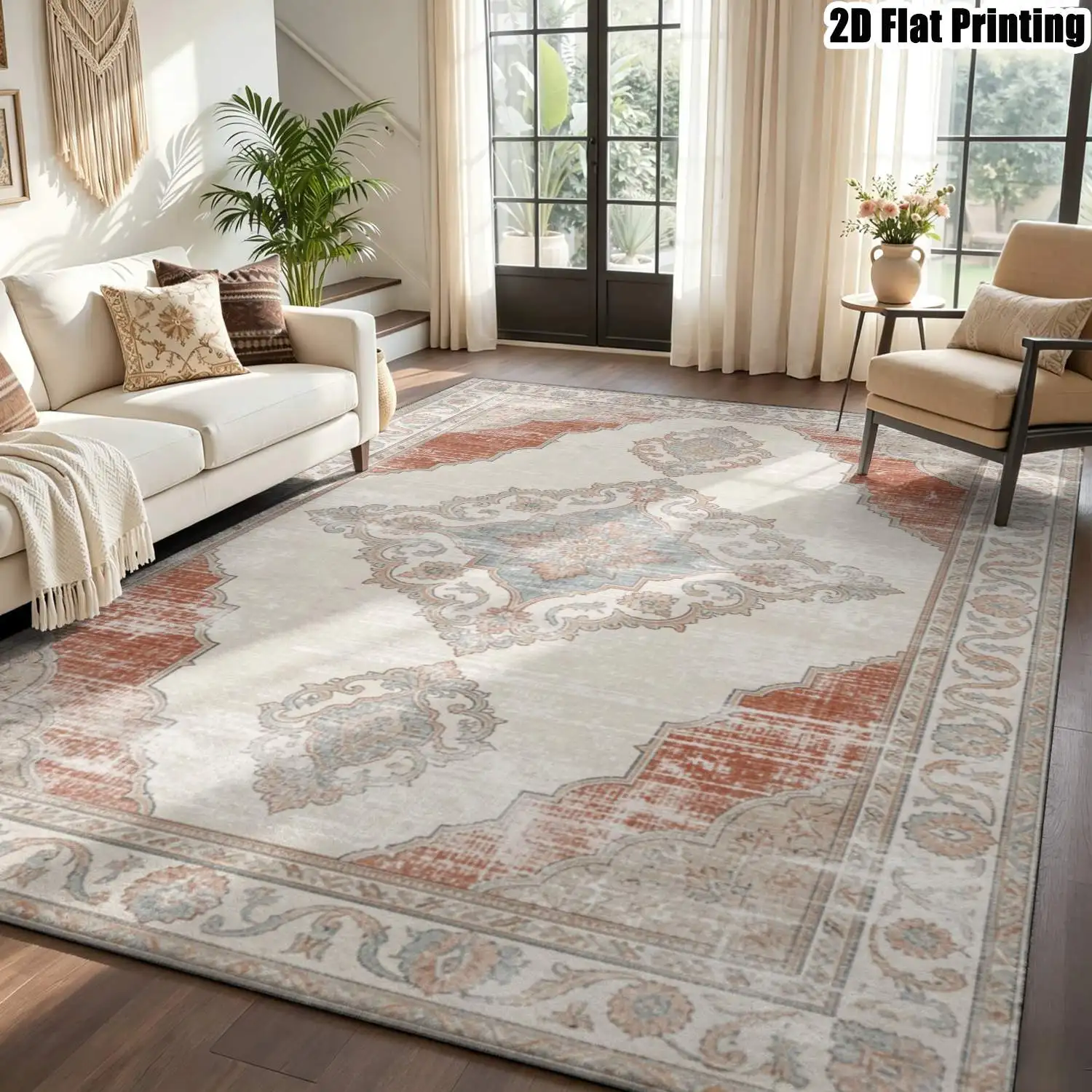 1Pc 2D Printed Retro Pattern Carpet: Red-Brown, Blue, Gray, European Vintage Boho Geometric, Home Decor Floor Mat, Multi-Size, Machine Washable, for Living Room, Bedroom, Dining Room, Entryway, Study