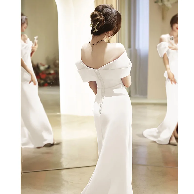 One Shoulder Slit Evening Sexy White Banquet Evening Dress Performance Dress Waist Cinched Fish Tail Small Tail Wedding Dress