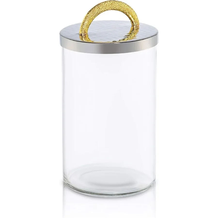 

Elegant Glass Cookie and Candy Canister with Stainless Steel Lid for Kitchen Storage Silver and Gold Design 6.5Inch Height Perf