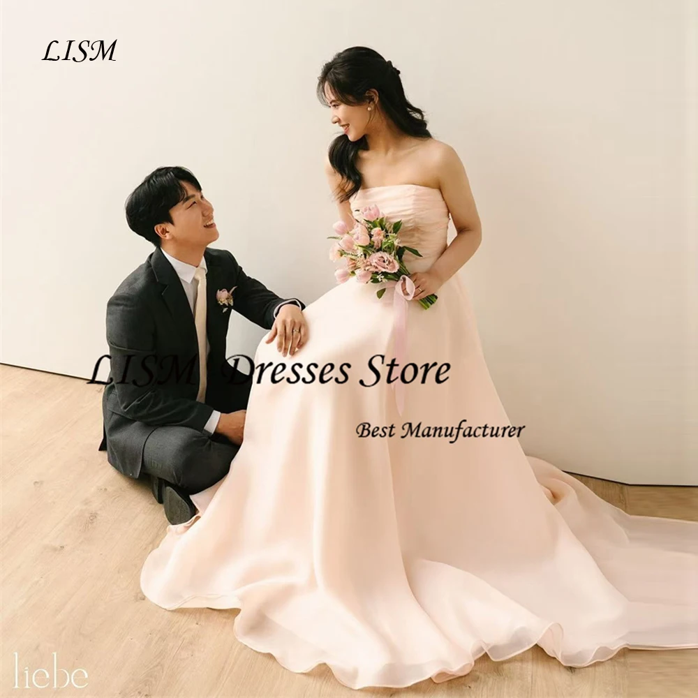 

Lism Simple Blush Pink Silk Organza Wedding Dresses Korea Photo shoot Strapless Floor Length Bride Gowns Corset Back Evening