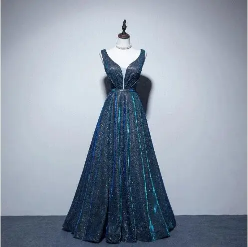 New Starry Peacock Blue Prom Dresses A-Line V Neck Sequins Sleeveless Long Tulle Formal Banquet Annual Meeting Evening Gown 2021