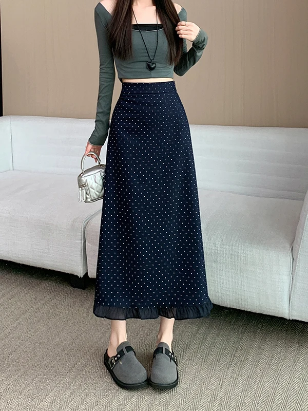 Elegant Black Polka Dot A-Line Straight Midi Skirt Spring Fashion High Waist Design Ladies' Premium Feel Half-length Skirt