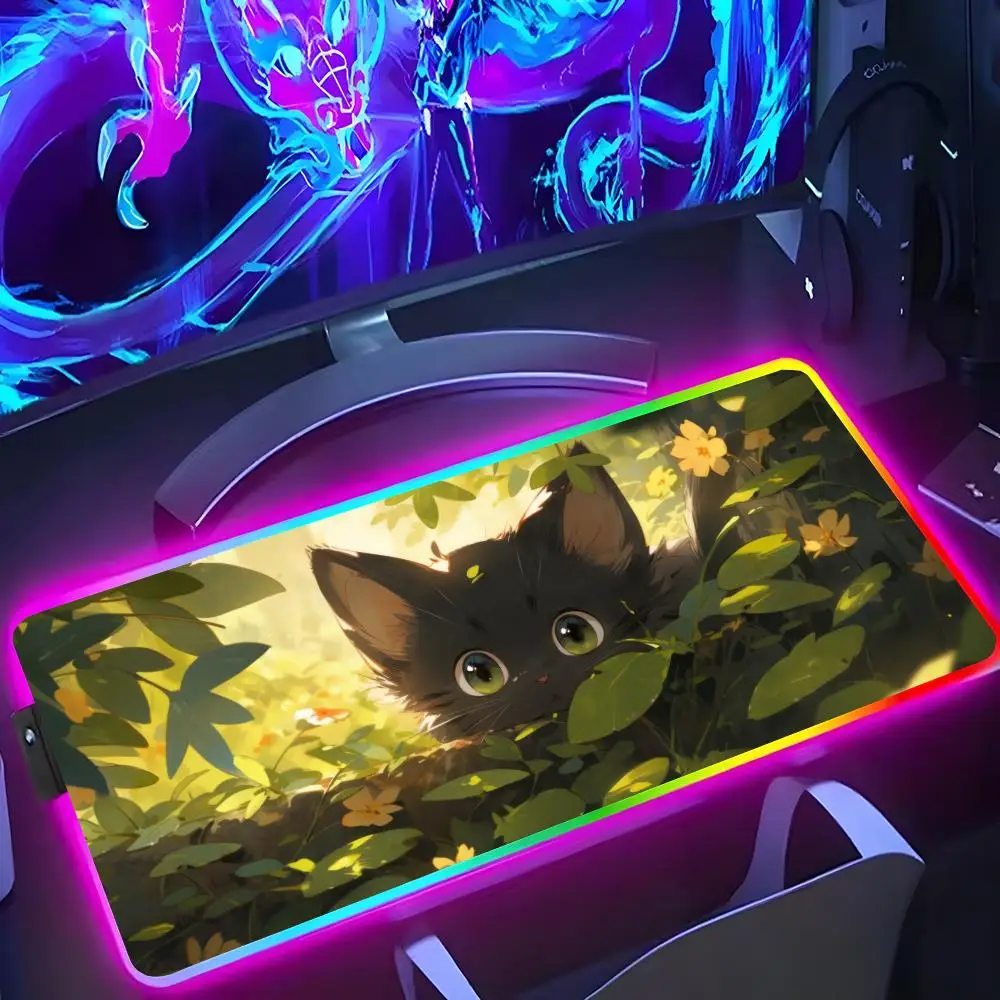 

Коврик для мыши с милым мультяшным котом, RGB светящийся, 900X400 мм, большой настольный коврик, нескользящий, очень большой игровой офисный коврик для мыши