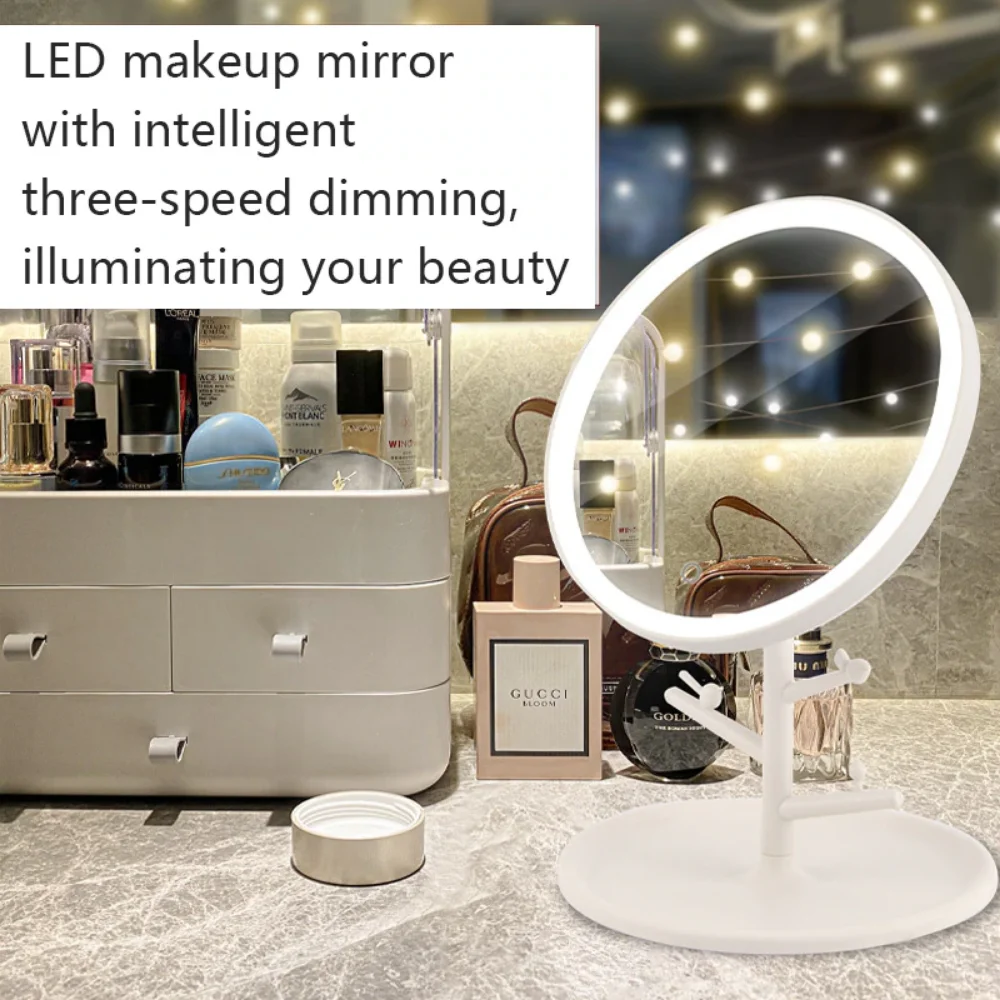 Makeup Mirror With Light Lamp With Storage Desktop Rotating Cosmetic Mirror Light Adjustable Dimming USB Vanity Mirror