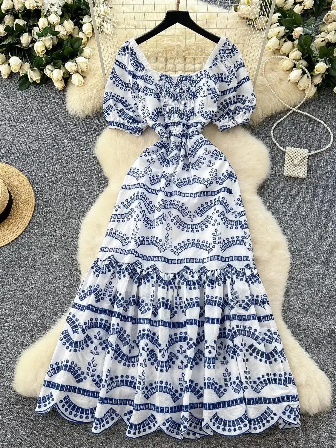 Summer Holiday Cotton Hollow Out Embroidery Mermaid Dress Women Puff Sleeve Square Neck Elastic High Waist Beach Party Vestidos