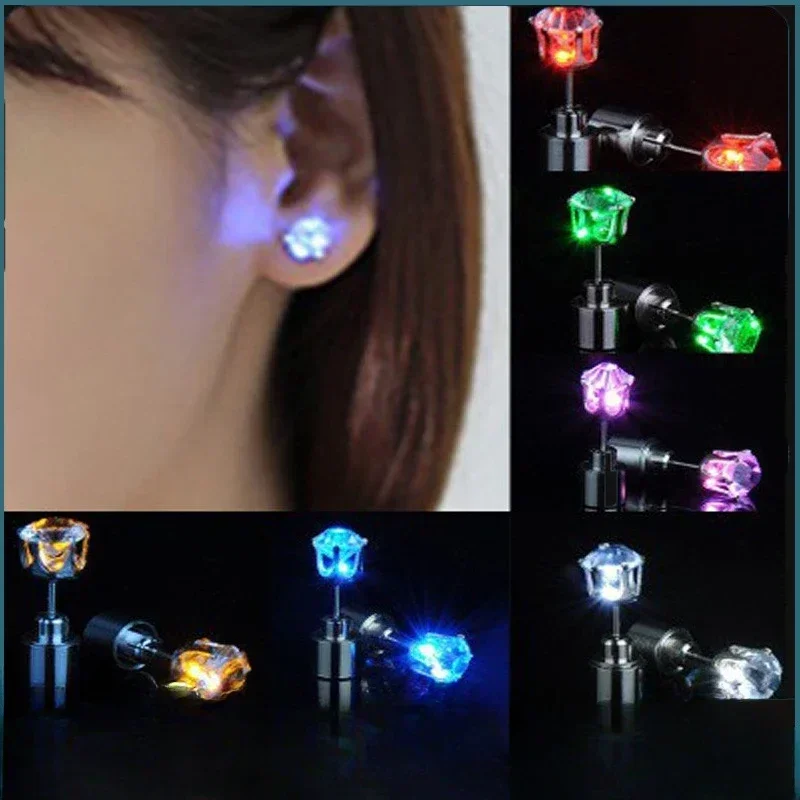 1pcs Unique LED Luminous Stud Square Zircon Glowing Colorful Earrings Women Bar Rave Wedding Party Fashion Jewelry Christma Gift