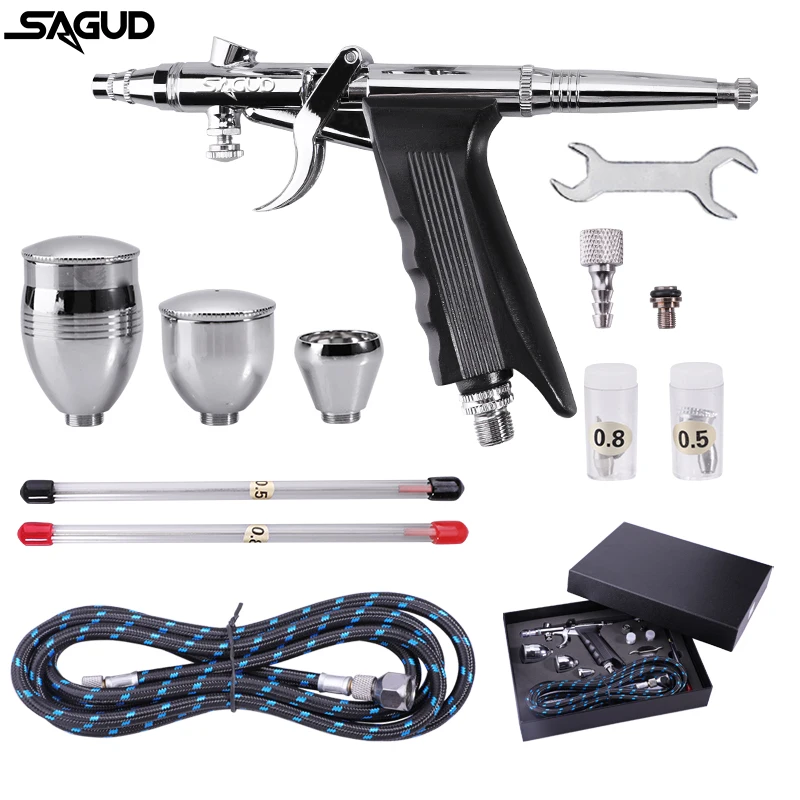 SAGUD Trigger Airbrush Kit 0.5/0.8mm Gravity Feed Spray Gun with 3 Cups, Air Hose for Hobby Painting, Model & Auto Detailing