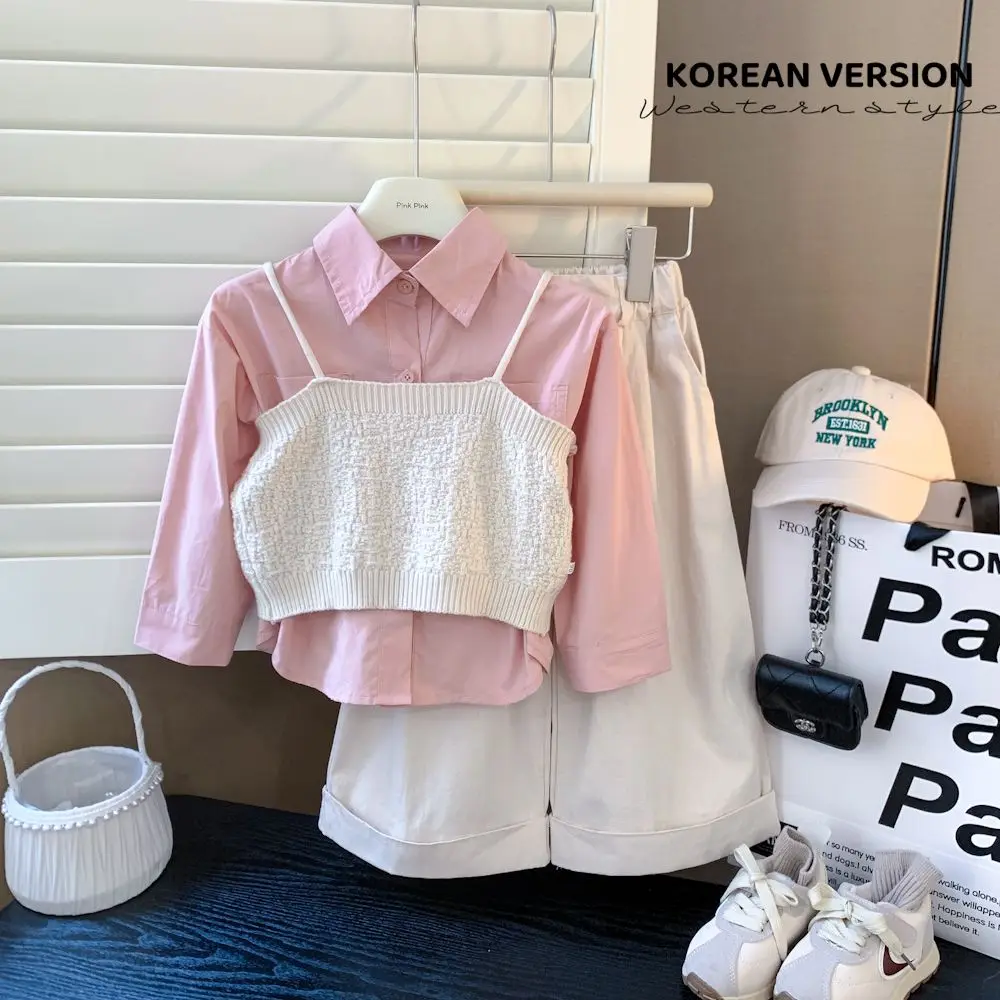 

Baby Girls Clothing Set Spring and Autumn New Korean Children's Knitted Vest Long sleeved Shirt Straight leg Pants 3PCS