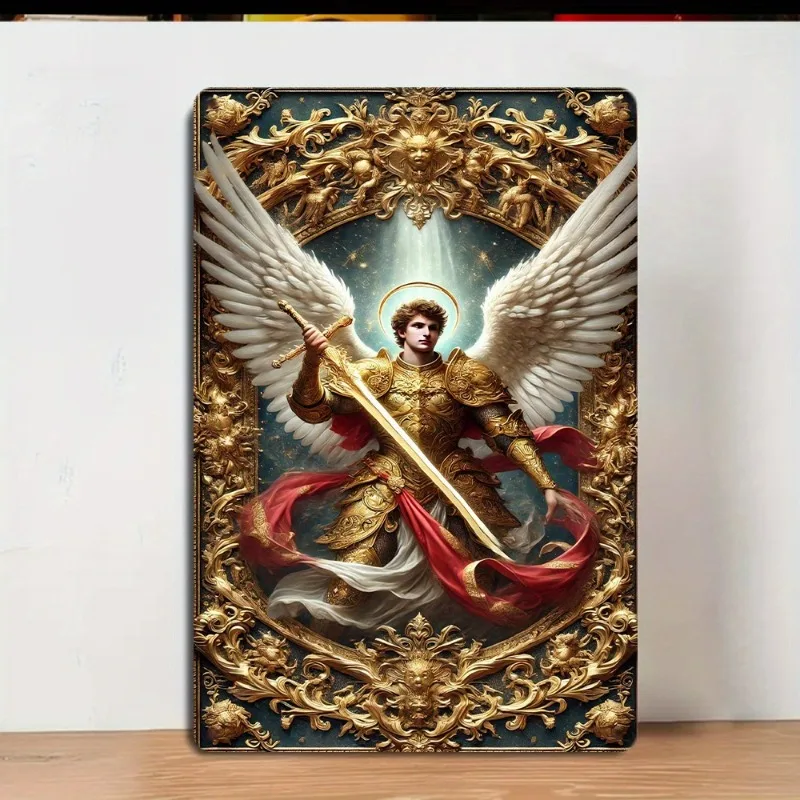 Vintage Angel Warrior Holy Light Guardian Metal Tin Sign - 8x12 Inches, Golden Wings & Sword Design for Home, Bar, Cafe