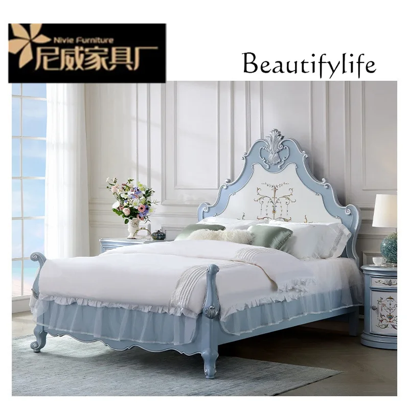 Italian sky blue solid wood double bed English three-color painted European bedroom bed