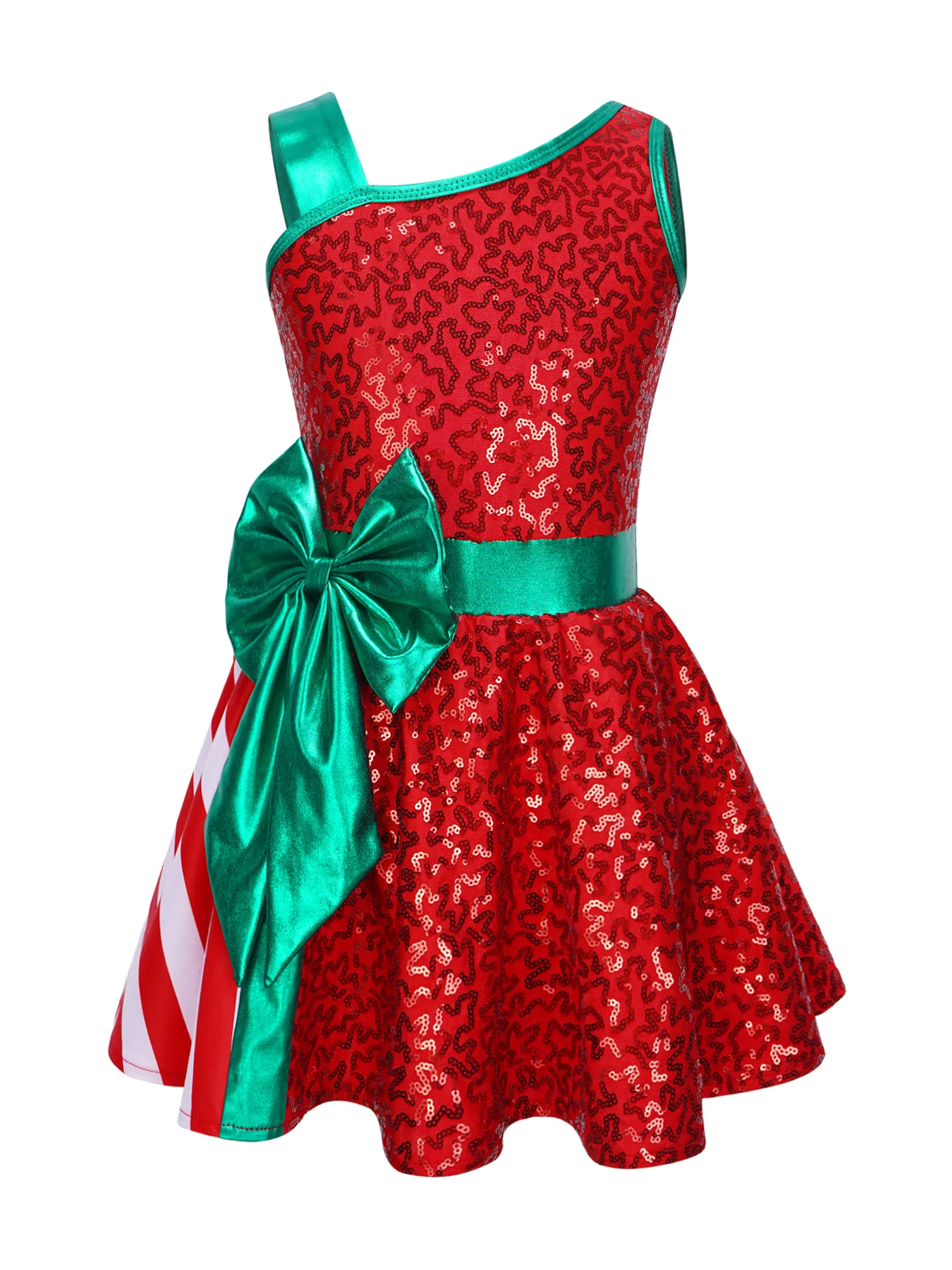 Kids Girls All-over Shiny Sequin Christmas Dress Up Jumpsuit Asymmetrical Shoulder Big Bow Stripe Patchwork Costumes cosplay