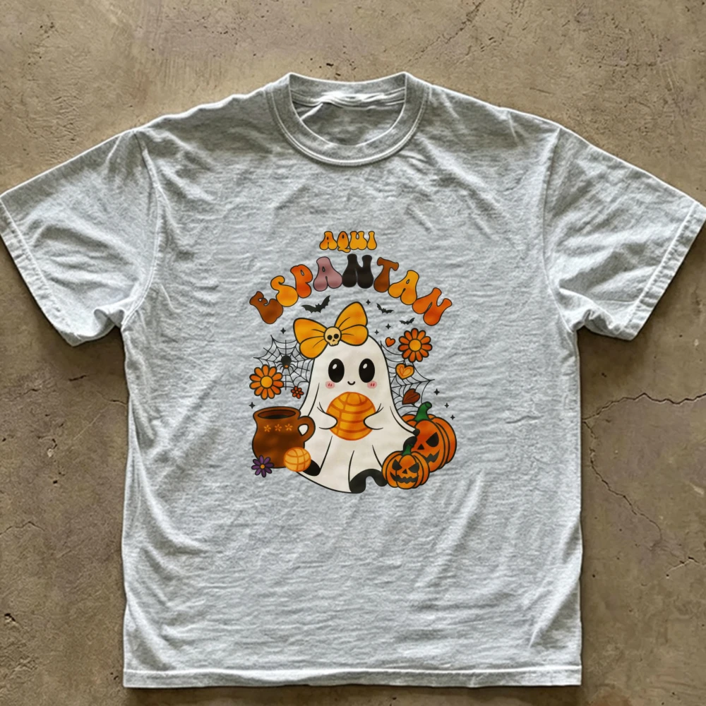 Cute Aqui Espantan Ghost T‑Shirt Yellow Bow Mexican Concha Bread Coffee Pot Sunflower Pumpkin Jack‑o‑lantern Cotton Casual Tops