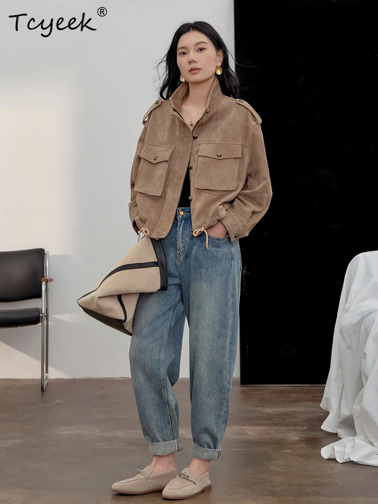Tcyeek 本物の羊革 春秋 ハイエンド スタンドカラー スエード ショート丈 レディース 本革ジャケット 女性用レザージャケット