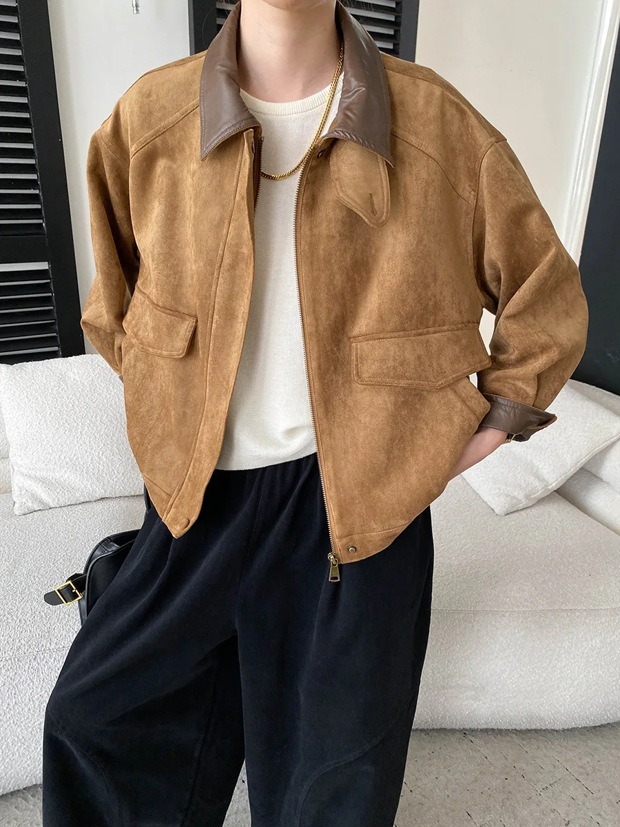 Autumn women's casual solid color American retro contrasting color lapel loose silhouette short suede jacket