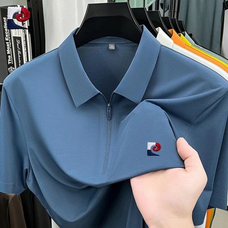 New Men's High Quality Silk Half Zipper Polo Shirt Summer Korean Edition Fashion Casual Silk Slippery Ice Cool Top