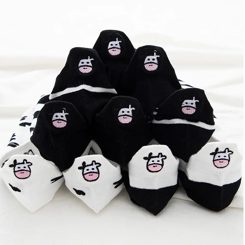 Black and white embroidery socks female ins tide  shallow mouth summer cartoon cow cute striped boat socks