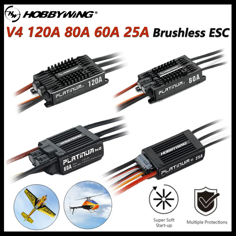 

Hobbywing High Voltage Built-in BEC Brushless 120A 80A 60A 25A V4 ESC Multiple Protections for RC Airplane Helicopter Fixed Wing