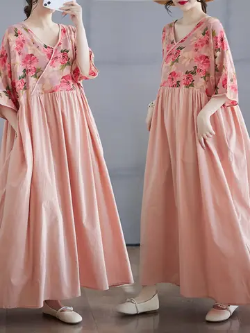 Retro Style V-Neck Splice Cotton Linen Dress for Middle-Aged And Elderly Women Summer New Arrival Artistic Fashion Long Dress