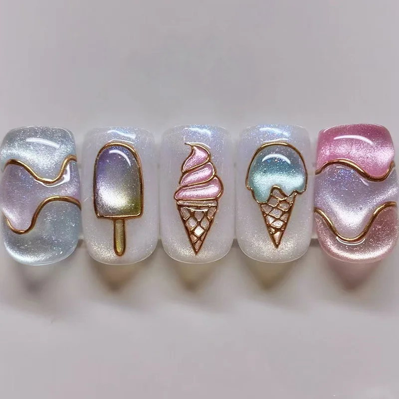 

24Pcs Summer Refreshing Short Fake Nails Cat's eye Ice cream pattern Nails Press On Nails Design with Jelly glue Nail File Set