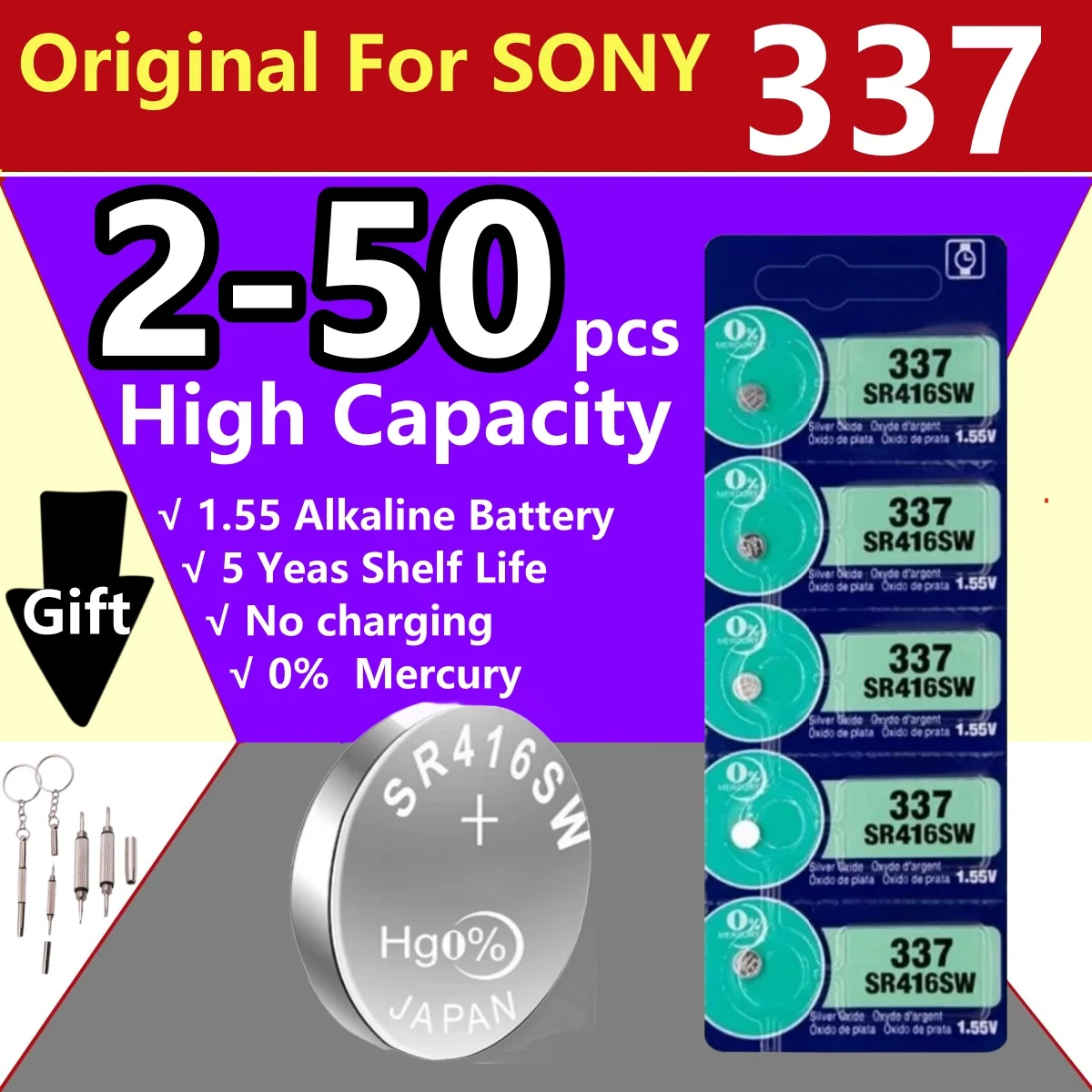 Batería Original para SONY 337 SR416SW, pila de botón de 1,55 V para reloj, juguetes, mando a distancia