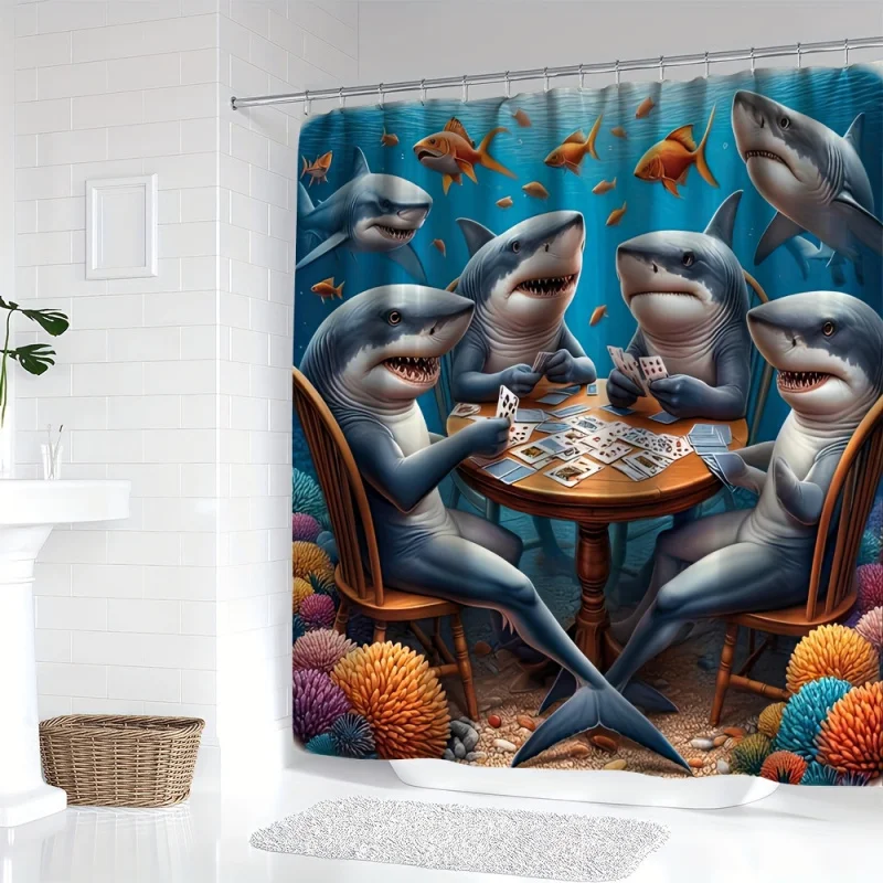 YWJHUI Underwater Sharks Playing Cards Digital Print Shower Curtain, Water-Resistant Polyester Knit with Hooks, Cartoon Fish and