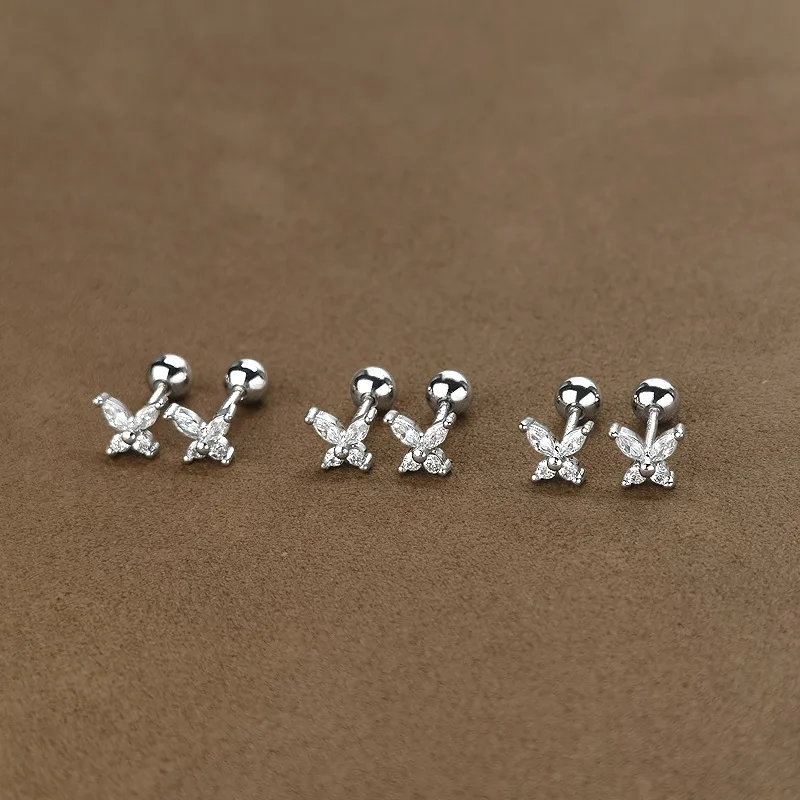 Screw Stud Earrings For Women Copper Silver Plating Trendy Zircon Flower Star Butterfly Cartilage Ear Piercing Jewelry Accessory