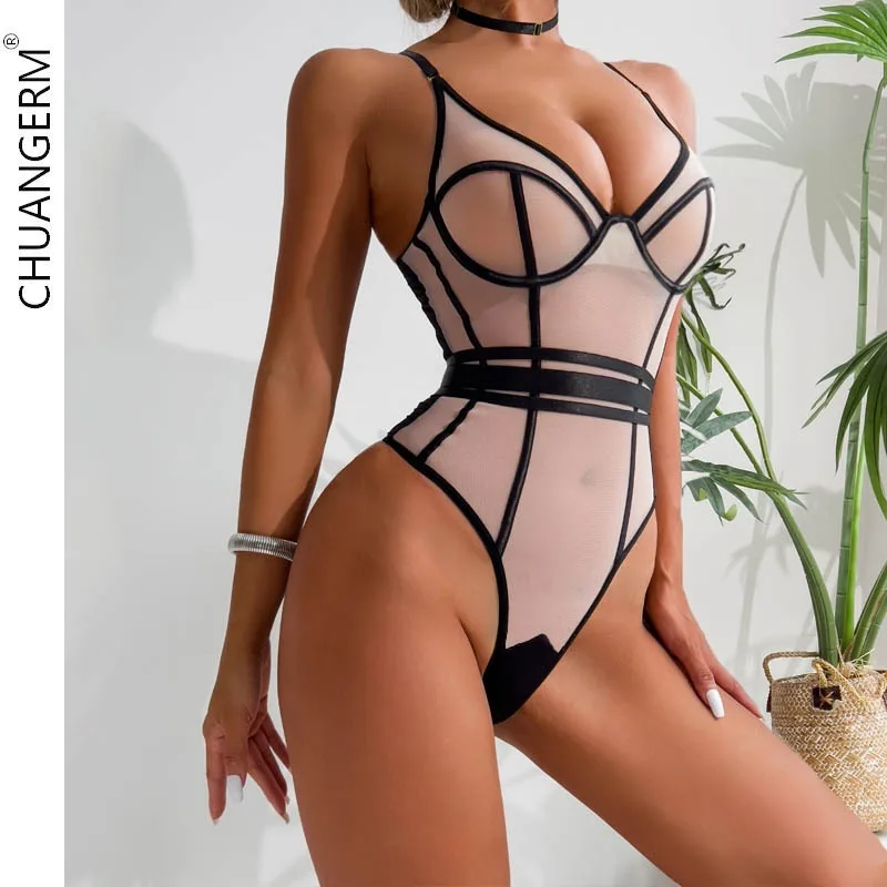 

CHUANGERM,Mesh Splicing Sleepwear Sexy Perspective Top Women Body Shaping Backless Suspender Belt Underwear Jumpsuit Lingerie