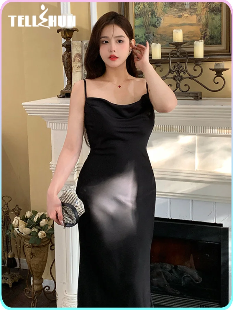 Solid satin elegant little black dress for women long summer Mermaid sexy evening party dress casual sundress luxury plus size