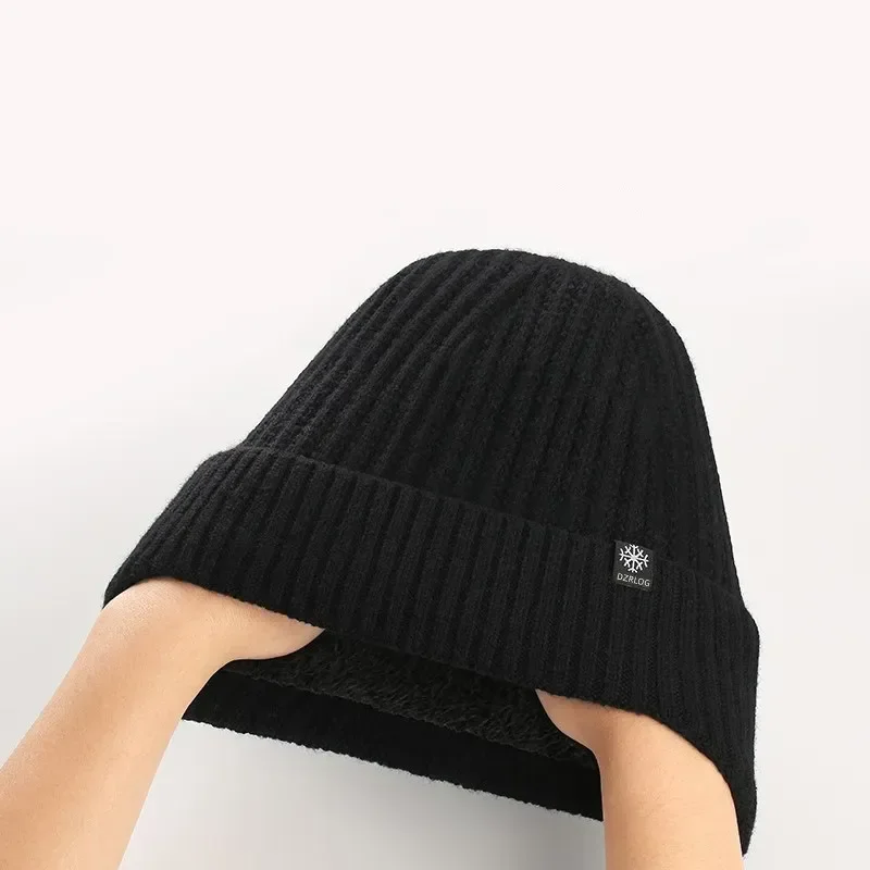 Outdoor Men Winter Knitted Hat Plush Warmth Peaked Cap Earmuff Casual Fashion Faux Fur Lined Hooded Hats Cycling Ear Protection