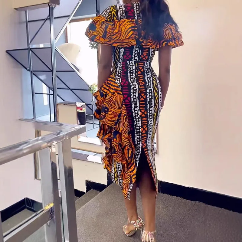 Slergiri Women's Ethnic Style Print Back Split Dress 2025 Summer O-Neck High Waist Boho Ruffle Trim Bodycon Midi Dresses