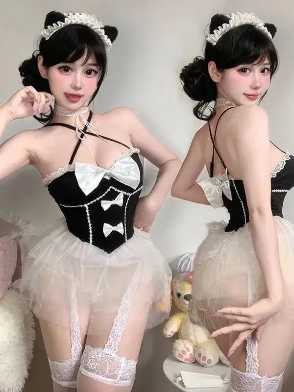 Sexy Pure Desire Anime Soft Girl Maid Dress Lace-up Dress Cute Girl Sweet Backless Deep V Sleeveless Hanging Neck Dress T1Q2