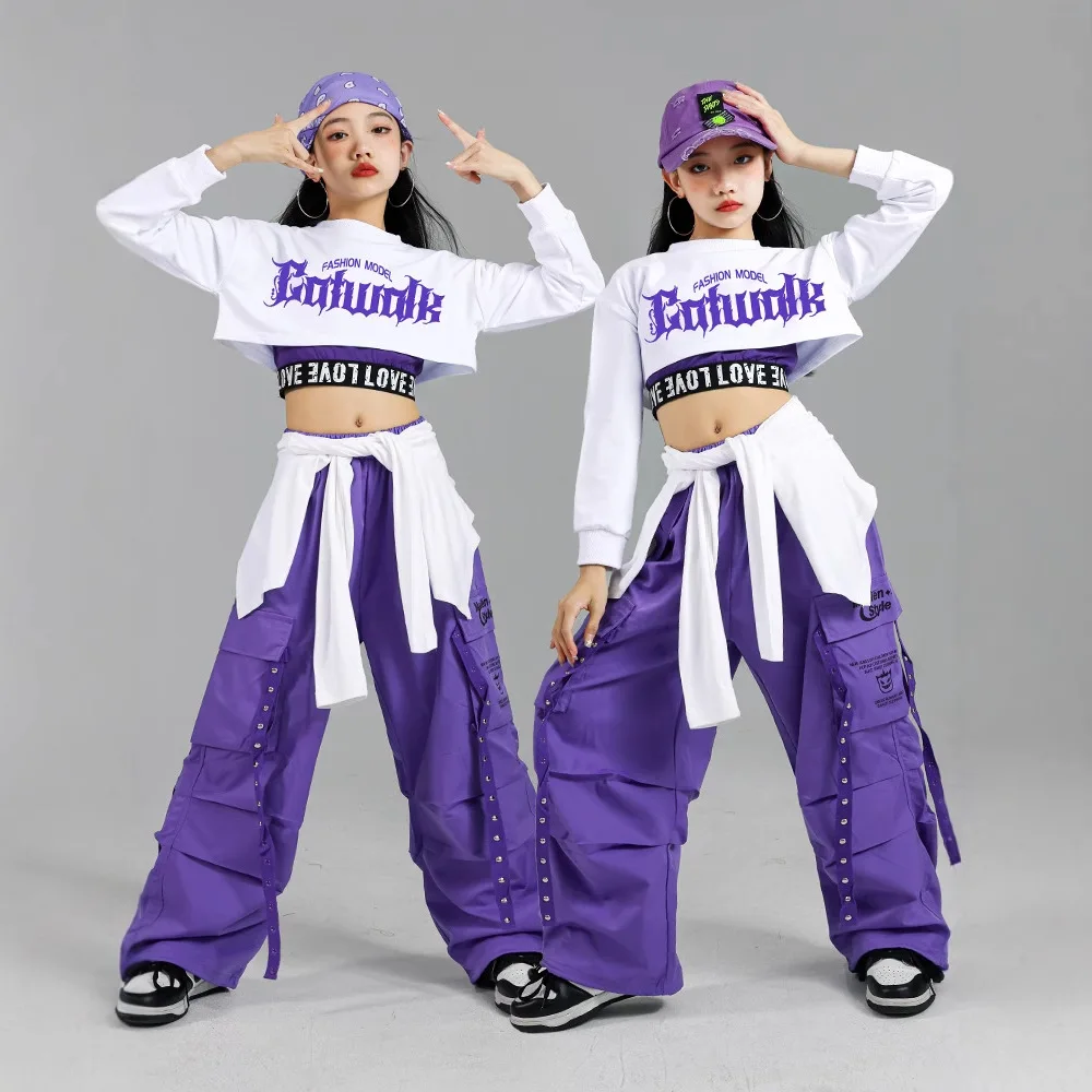 힙합 소녀 K-pop 자르기 탑 보라색 카고 바지 어린이 거리 댄스 복장 어린이 streetwear 그룹 재즈 의류 세트
