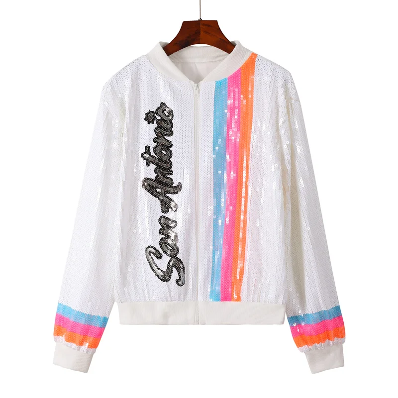 

Женские демисезонные куртки с длинным рукавом, с буквенными нашивками, в стиле пэчворк, повседневные, уличные, свободного кроя, с пайетками, на молнии, в стиле хип-хоп