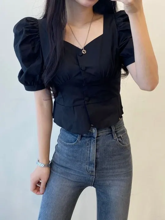 

Шикарный женский топ в стиле ретро Bubble Sve irt с квадратным воротником ort Sve Summer Faionable Top для поездок на работу, облегающий крой, лето 2022, лето