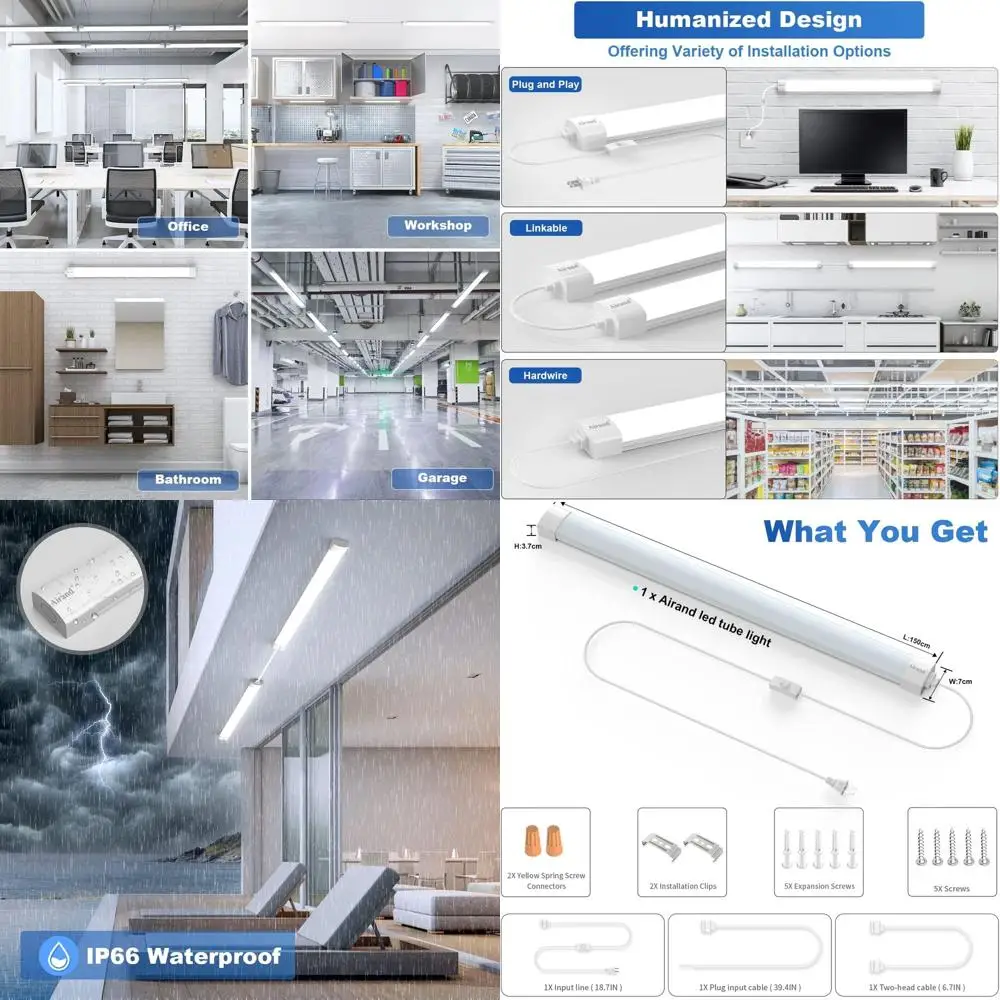 

5FT Waterproof LED Garage Light Fixture with Plug, 45W 5000K Under Cabinet Tube Lights for Kitchen, Bathroom, and Workbench