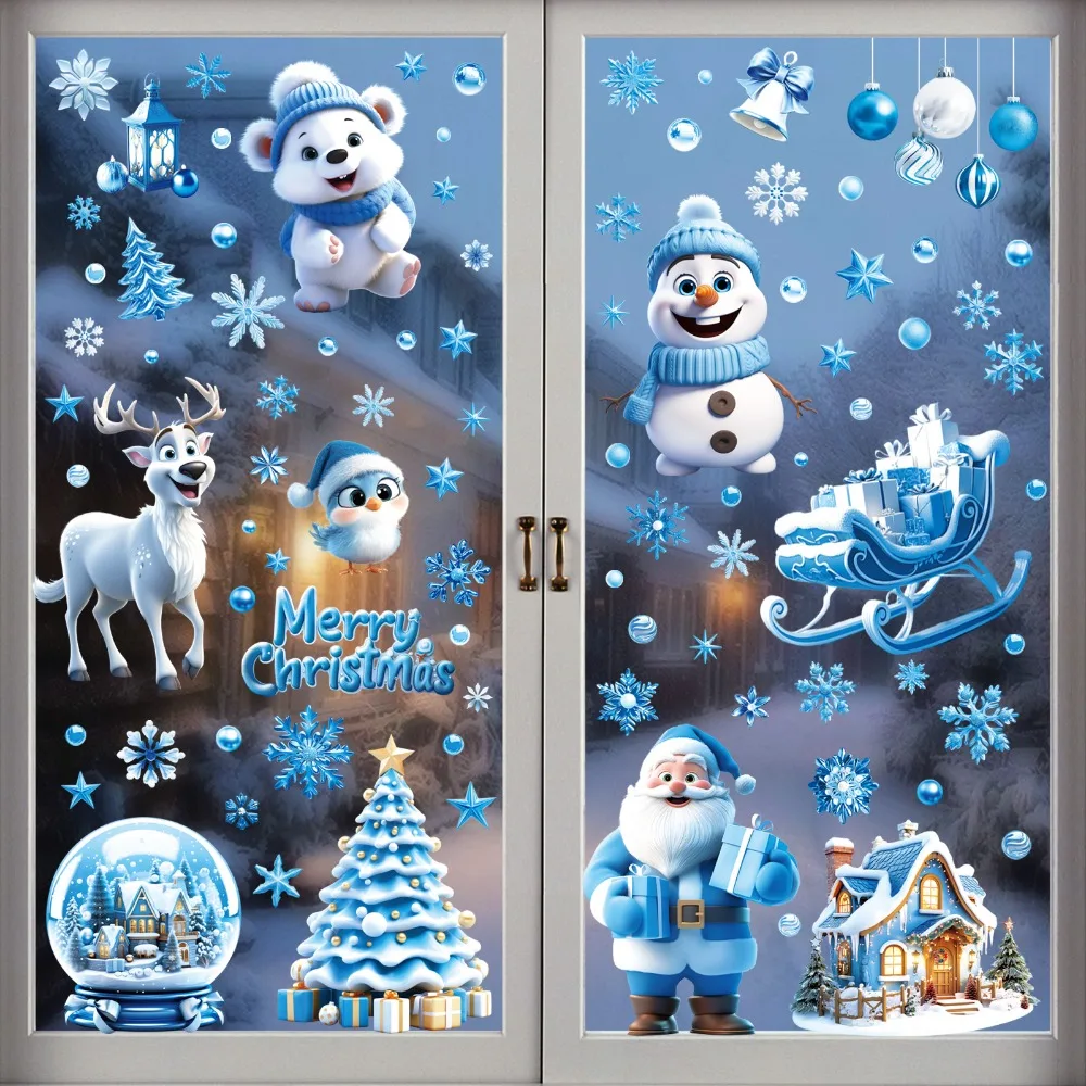 9 Sheets Festive Christmas Window Clings Merry Christmas Stickers for Glass Windows Snowflake Reindeer for Indoor Decorations