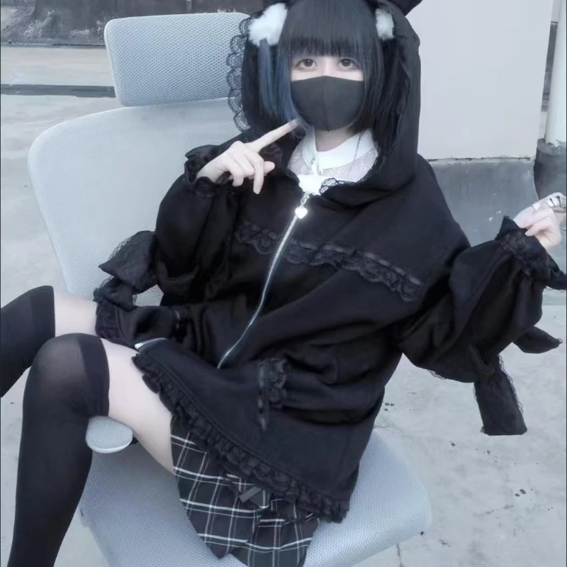 Subculture Gothic Lolita Hoodies Women Harajuku Y2k Lace Bow Cat Ear Hooded Coats Grunge Loose ​Long Sleeves Zipper Sweatshirt view 3