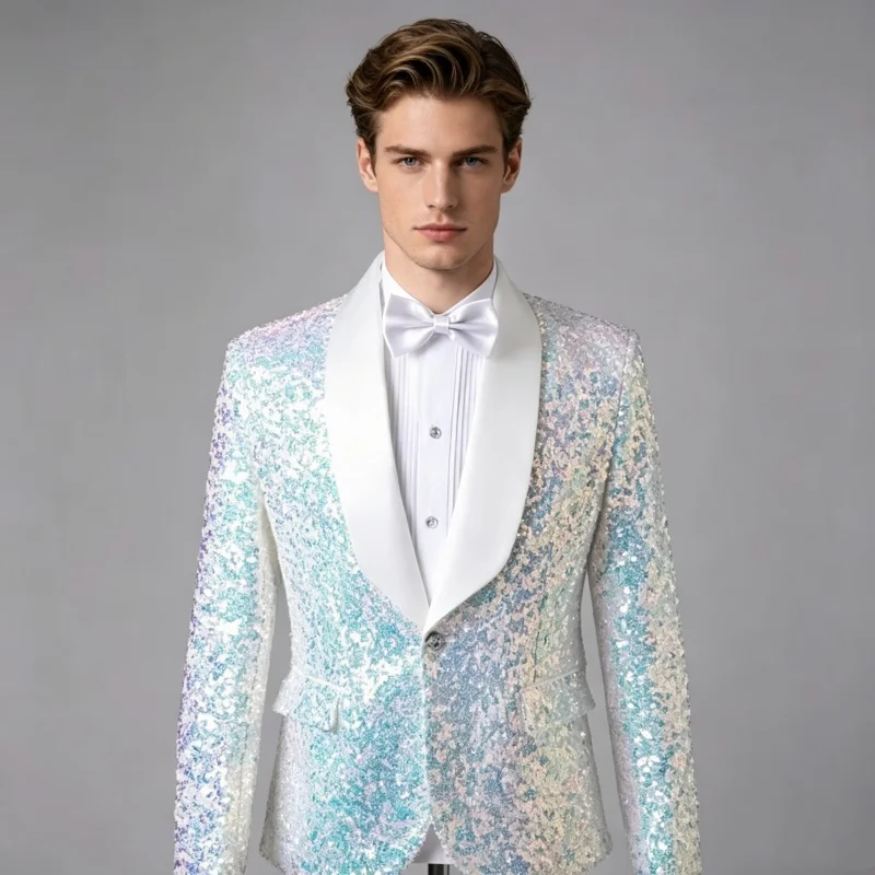 

Men's Slim Luxury Fit Shiny Sequin Blazer Single Button Stage Performance Suit Jacket Singer Bar Nightclub Banquet Dress Tuxedo