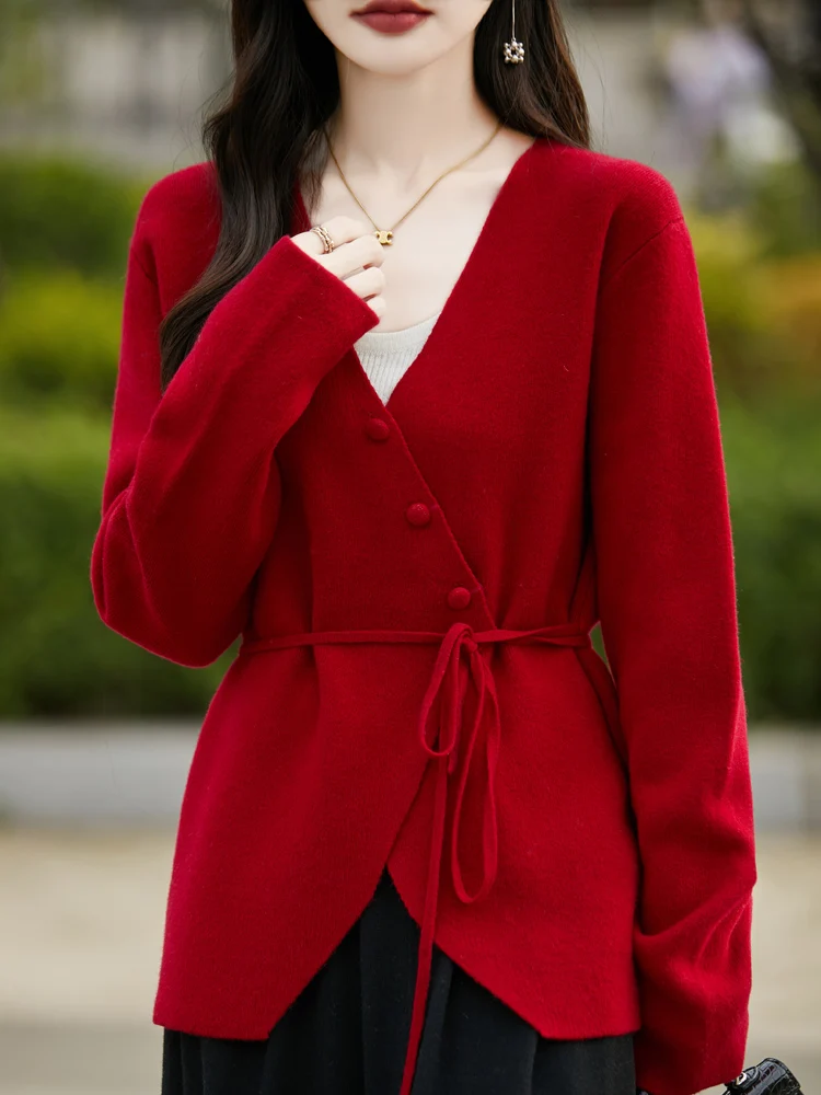 

Autumn Winter Women's Cross V-neck 100% Merino Wool Sweater Cardigans Diagonal Buttons Lace-up Knitwear Loose Chic Clothing Tops