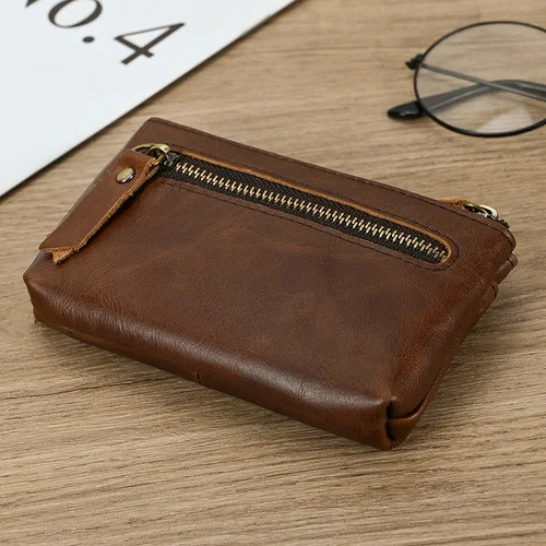Monedero pequeño de cuero genuino Cuero de vaca real Cartera corta de cuero para hombres Mini monedero para hombres y mujeres Cartera para llaves con cremallera para tarjetas con llavero