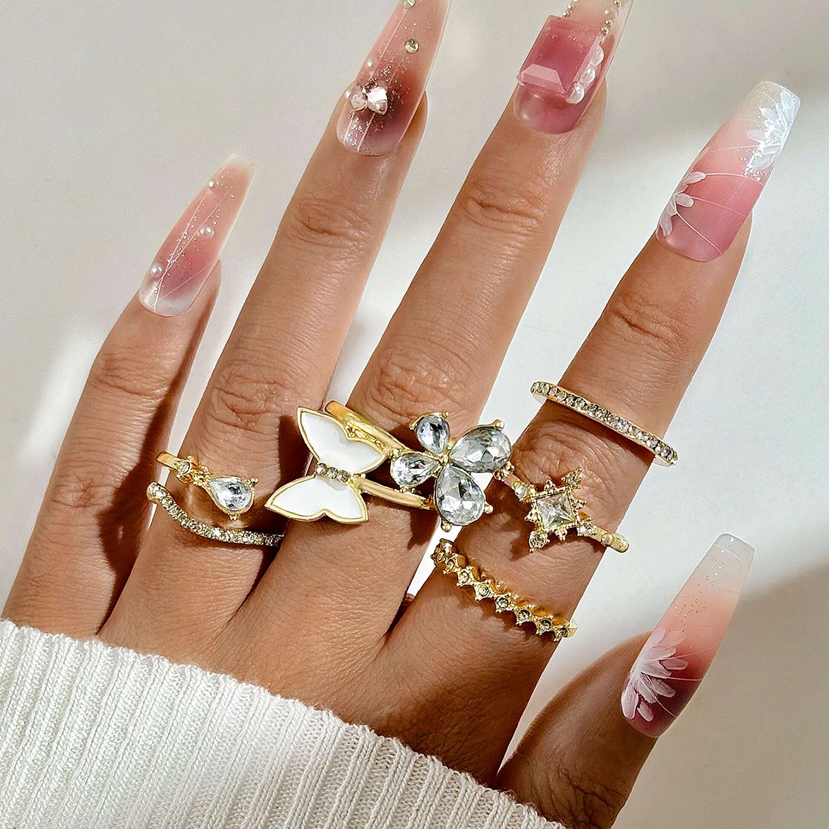 Tocona Luxury Crystal Stone Butterfly Finger Rings Set for Women Trendy Water Drop Rings Set Jewelry Party 5Pcs/Set 26507