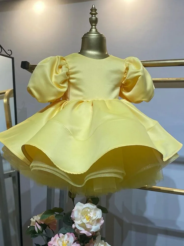 

Puffy yellow Satin Flower Girl Dresses Knee Length Wedding Party Dress Bow Toddler Baby Birthday Pageant Ballet Tutu Dress