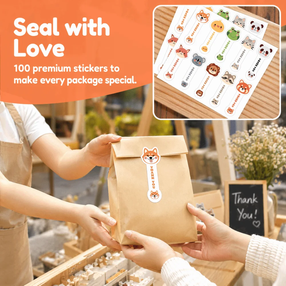 100Pcs Cute Animals Food Retail Package Seal Stickers Long Label Handmade Baking Gift Box Sticker Self-Adhesive Cute
