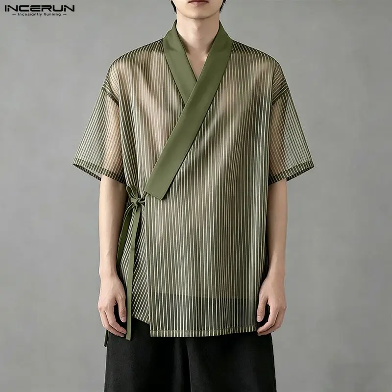 INCERUN Men's Shirt Mesh Striped Patchwork V Neck Short Sleeve See Through Male Tops Streetwear 2026 Lace Up Fashion Men Clothes